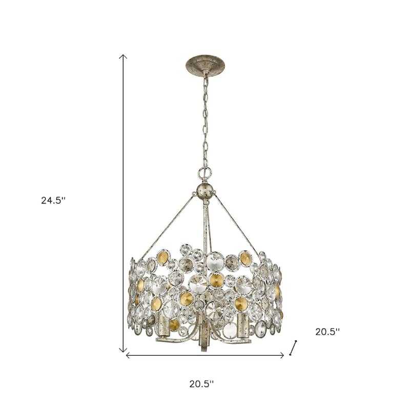 HomeRoots Silver Three Light Metal and Crystals Dimmable Chandelier With Silver Shades - 20.5' X '24.5' X '20.5