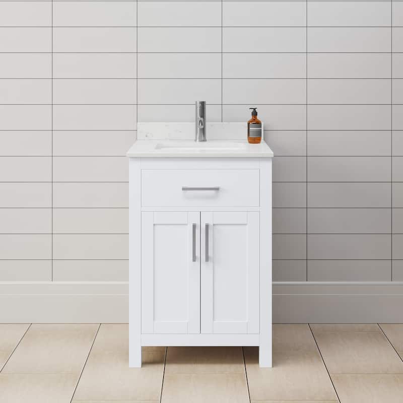 Wyndham Collection WCG242424S-VCA-MXX Beckett 24" Free Standing Single - White / Carrara Cultured Marble Top / Brushed