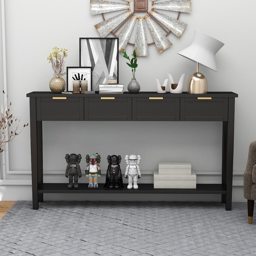 Kinbor Modern Console Table with 4 Drawers, Narrow Long Sofa Table with Open Shelf, Entryway Wood Console Table with Storage