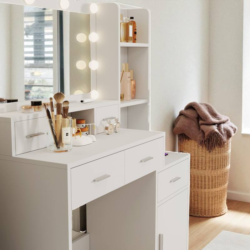 43" Makeup Vanity Desk with Smart LED Mirror, 5 Drawers, Storage Cabinet & Shelves, Dressing Table for Bedroom