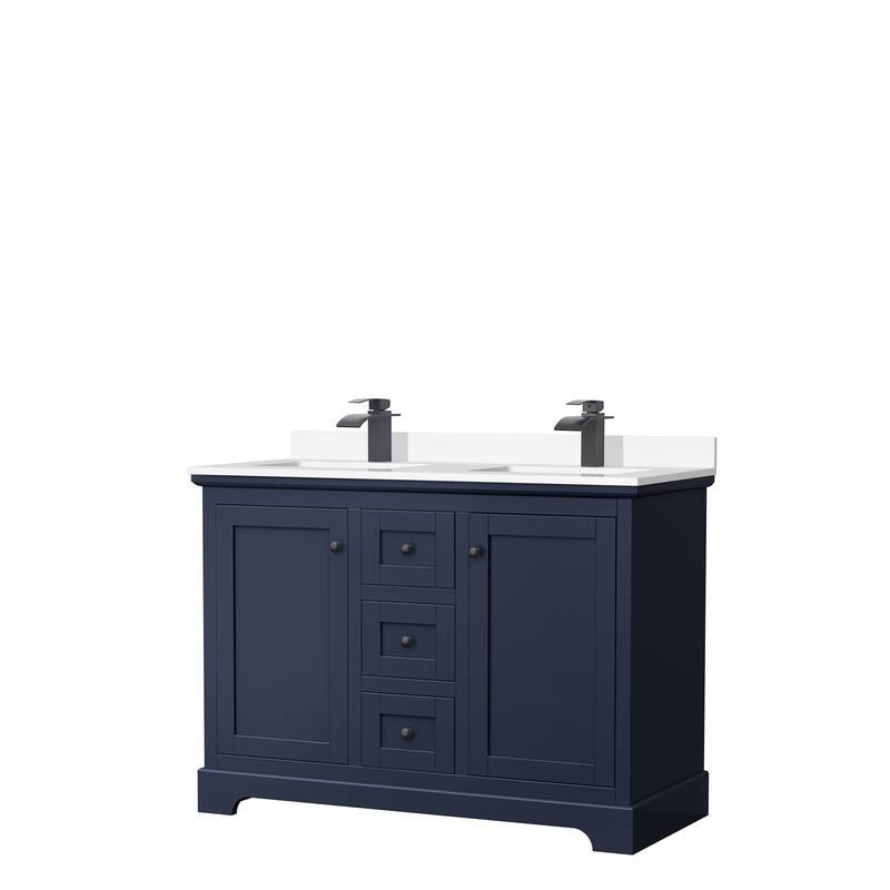 Avery 48 Inch Double Vanity, Cultured Marble Top - Dark Blue, Black Trim, White Cultured Marble Top