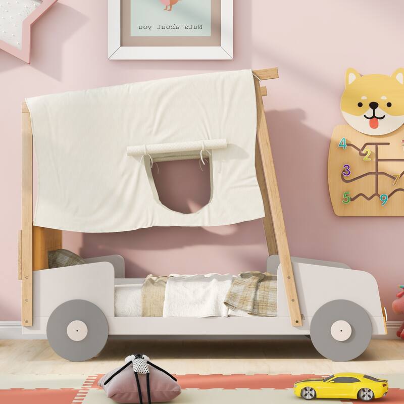 Twin Size Car-Shaped Bed with LED Lights and Pillow, Natural