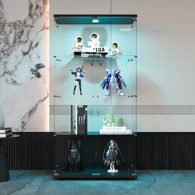 LED lights Glass Display Cabinet with 4-Shelves&2 Doors, Floor Standing Curio Bookshelf for Living Room Bedroom Collection Room