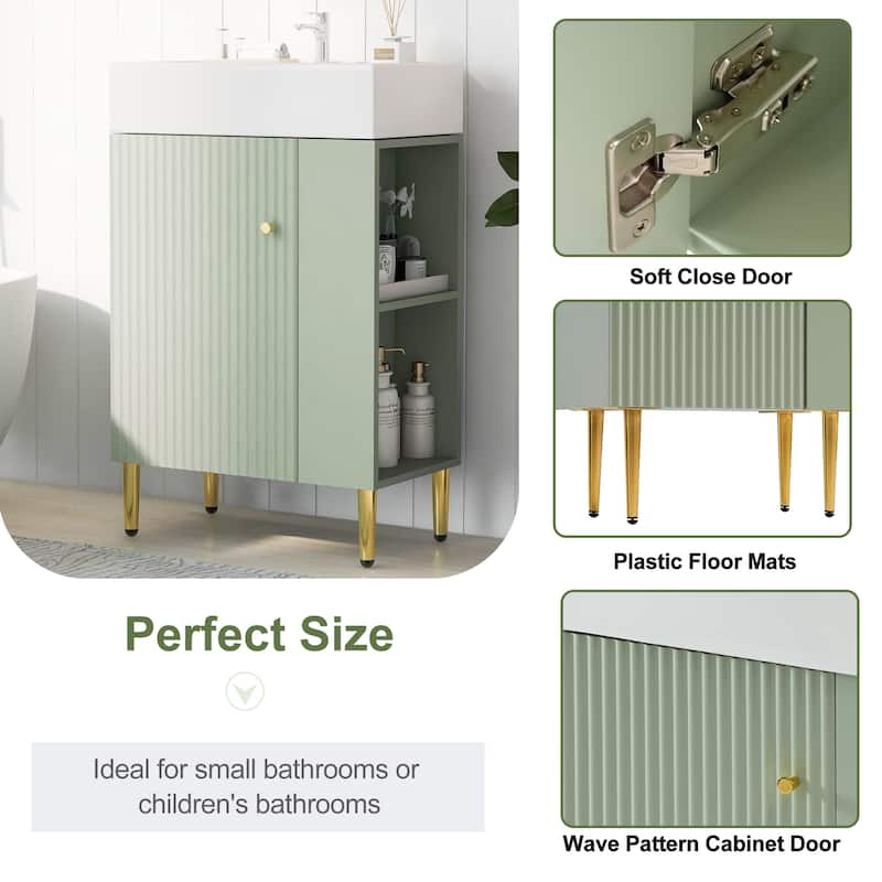 21.6" White Bathroom Vanity with Side Storage, Ceramic Undermount Sink, Soft-Close Door, and Elegant Golden Handle