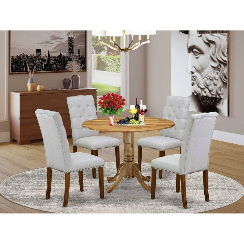 HomeStock 5-Piece Round Natural Oak Finish Solid Wood Top Dining Table with 4 Parson Chair with Lattice Back