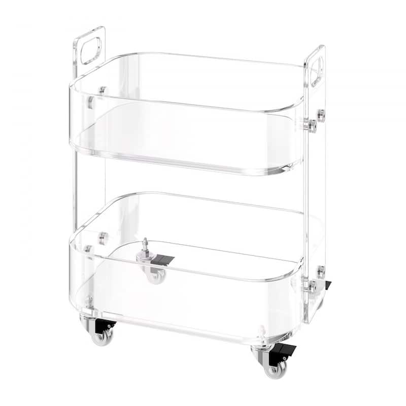 Clear Acrylic 2-Tier Side Table with Lockable Wheels and Transparent Storage - 12 x 16.3 x 18.9 in
