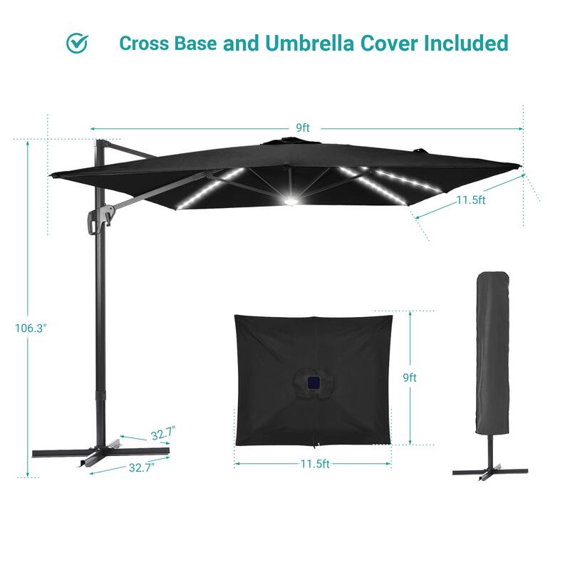 BONOSUKI 11.5x9FT LED Cantilever Patio Umbrella with 360 Rotation