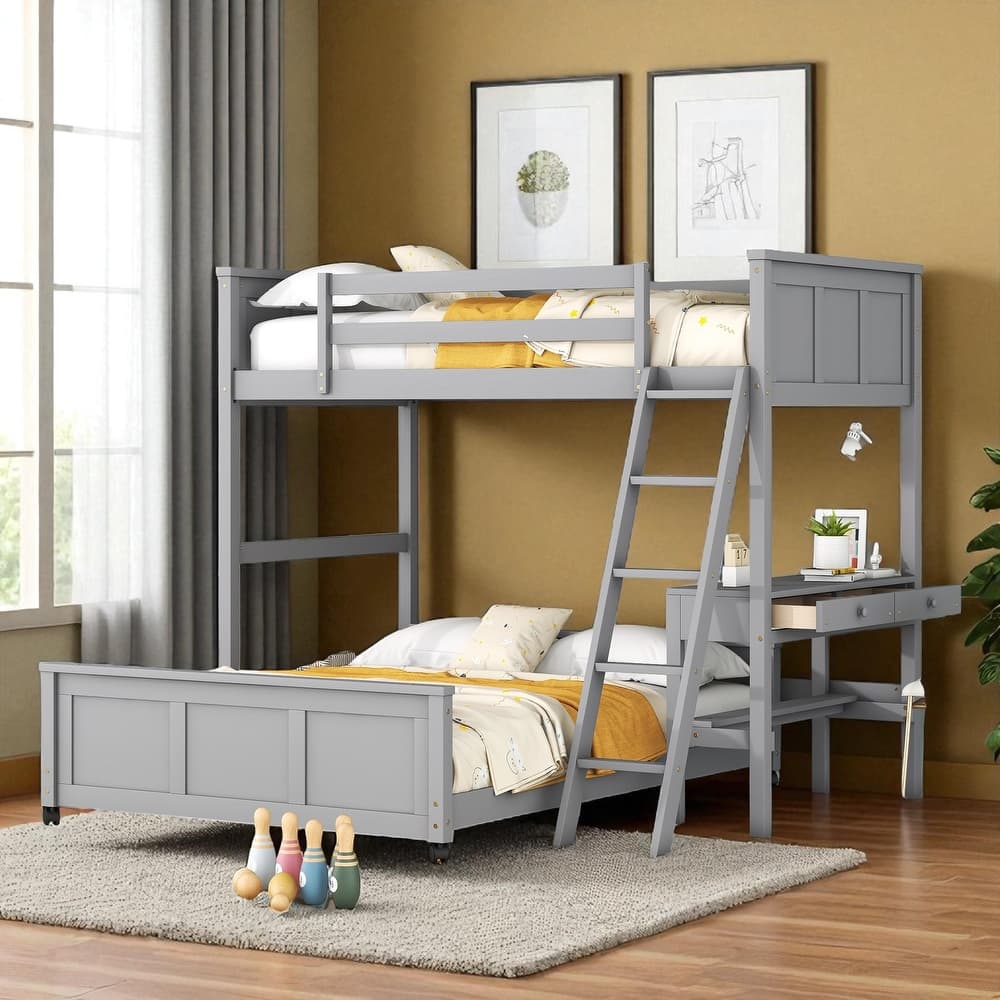 Twin Over Full / Full Over Full Bunk Bed with Built-in Desk and Storage Drawers, Solid Wood Frame