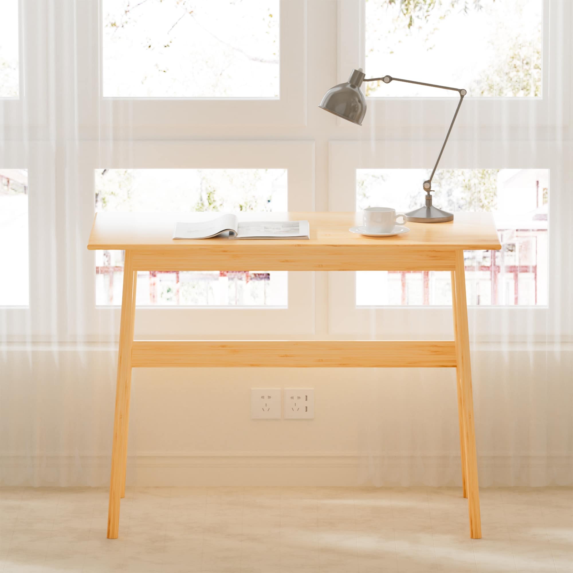 Solid Wood Modern Simple Work Desk Bamboo Writing Desk for Home Office, Gaming Desk Study Table