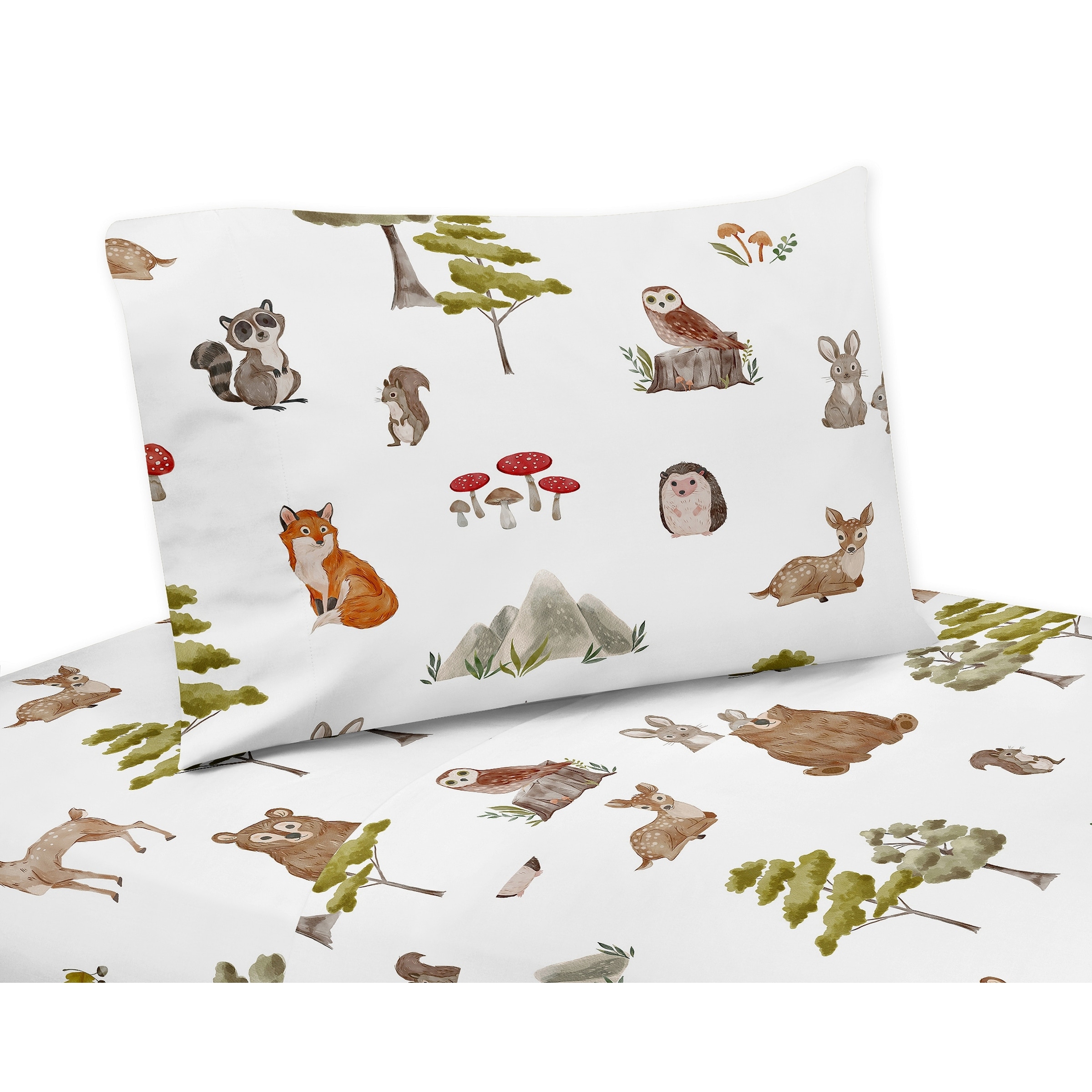 Sweet Jojo Designs Woodland Forest Animals Boy Girl Gender Neutral Unisex 4pc Queen Sheet Set Bear Fox Hedgehog Deer Squirrel