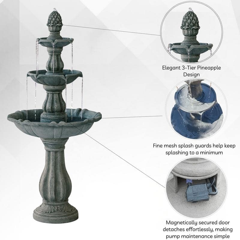 XBrand 3-Tier Water Fountain w/Pump & Pineapple Top, 51 Inch Tall, Large Outdoor Freestanding Waterfall Decor for Porch