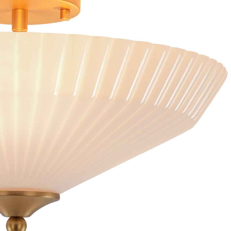 Mid-Century Scalloped Milky Glass Shallow Cone Semi Flush Light - 15.7 Inches