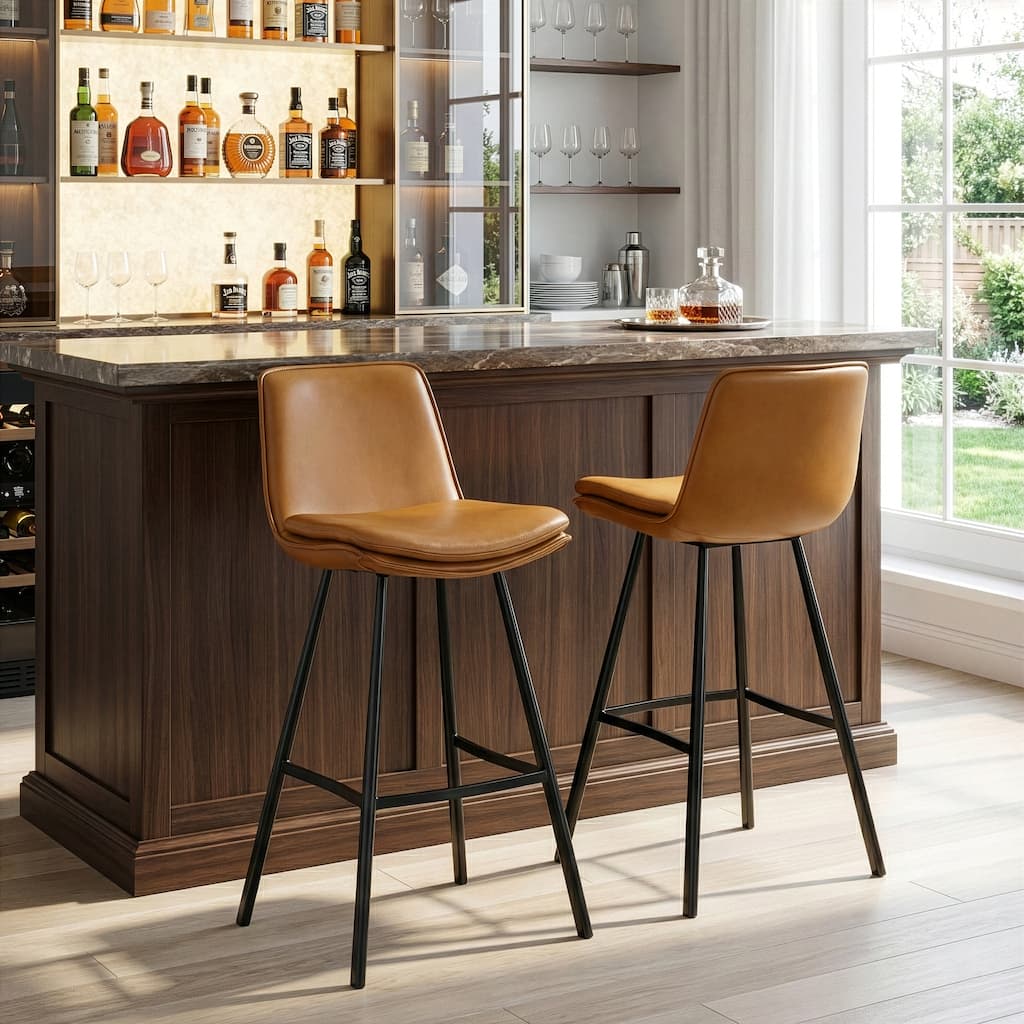 Set of 2 Avalyn Cappuccino Faux Leather Bar Stool with Metal Legs