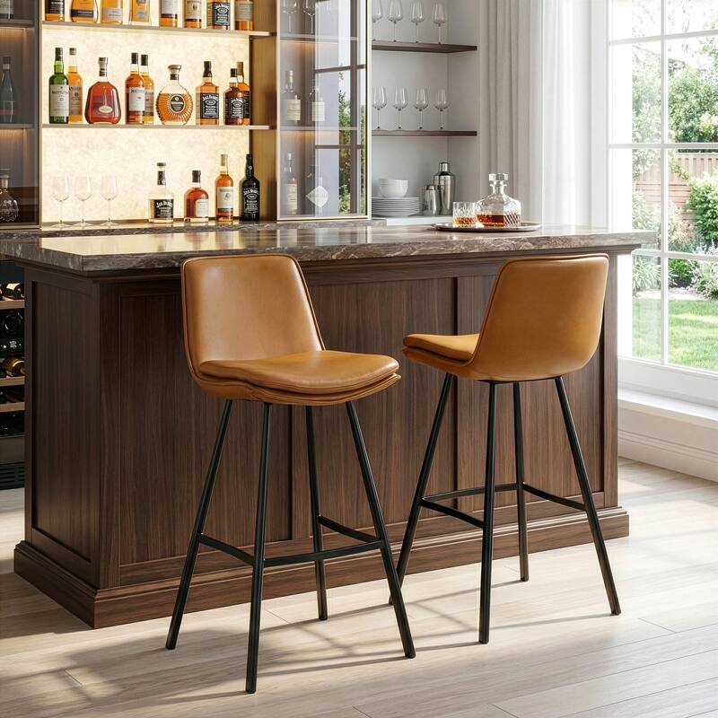 Set of 2 Avalyn Cappuccino Faux Leather Bar Stool with Metal Legs