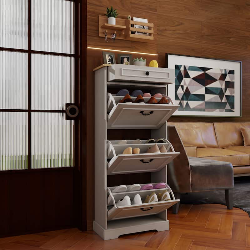 Anmytek Antique White Narrow Shoe Organizer Cabinet - 1 Drawer and 3 Flip Drawers