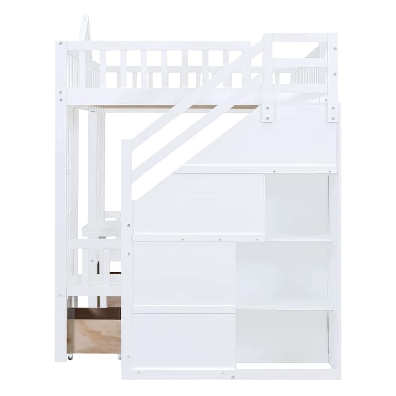 Full Size Wooden Loft Bunk Bed with Table, Seats, and Storage Shelves
