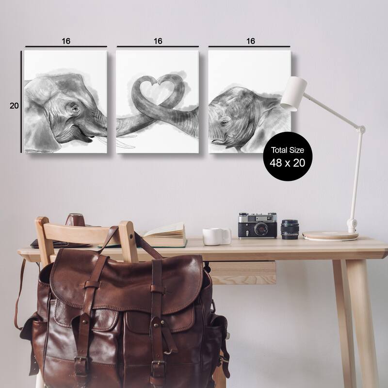 Stupell Elephant Trunk Heart Jungle Animal Illustration, 3pc Multi Piece Canvas Wall Art Set