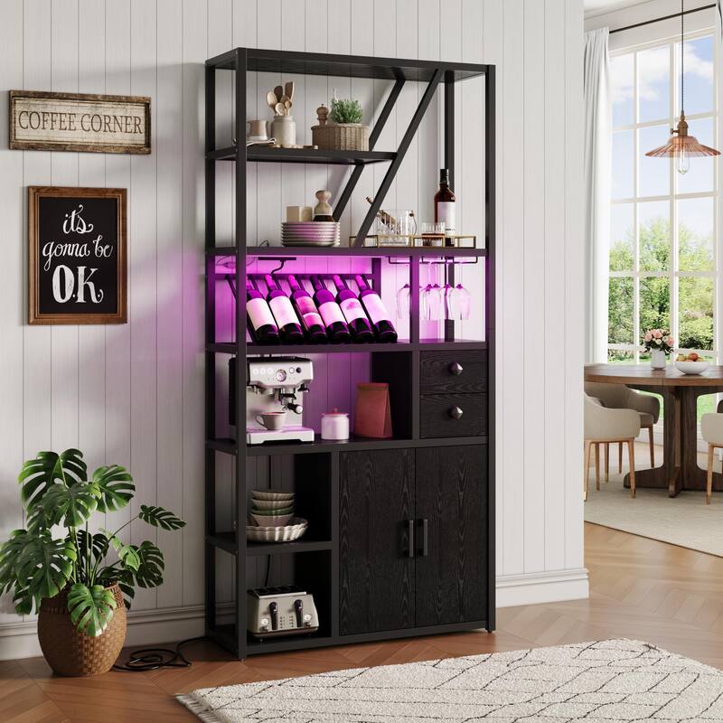 Wine Bar Cabinet with LED Lights, Tall Coffee Bar Station with Power Outlets and Wine Rack - Black