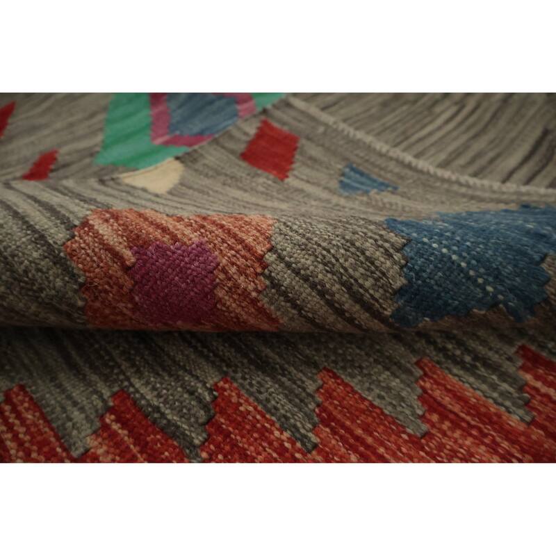 Hand Woven Oriental 100% Wool Carpet Southwestern Tribal Greys & Charcoal Kilim Area Rug - 9' 9'' X 6' 6''