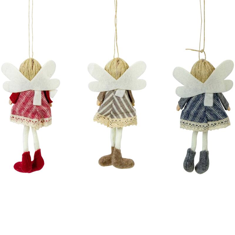 Angel Doll with Wings Christmas Ornaments - 6" - Red, Brown and Blue - Set of 3