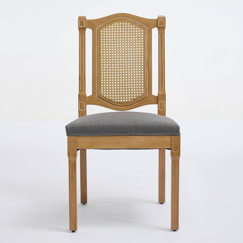 Solid Wood Dining Chair with Rattan Back and Cushioned Seat
