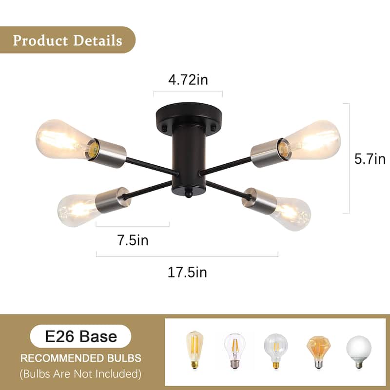 4-Light Modern Semi Flush Mount Chandelier for Bedroom Study Room