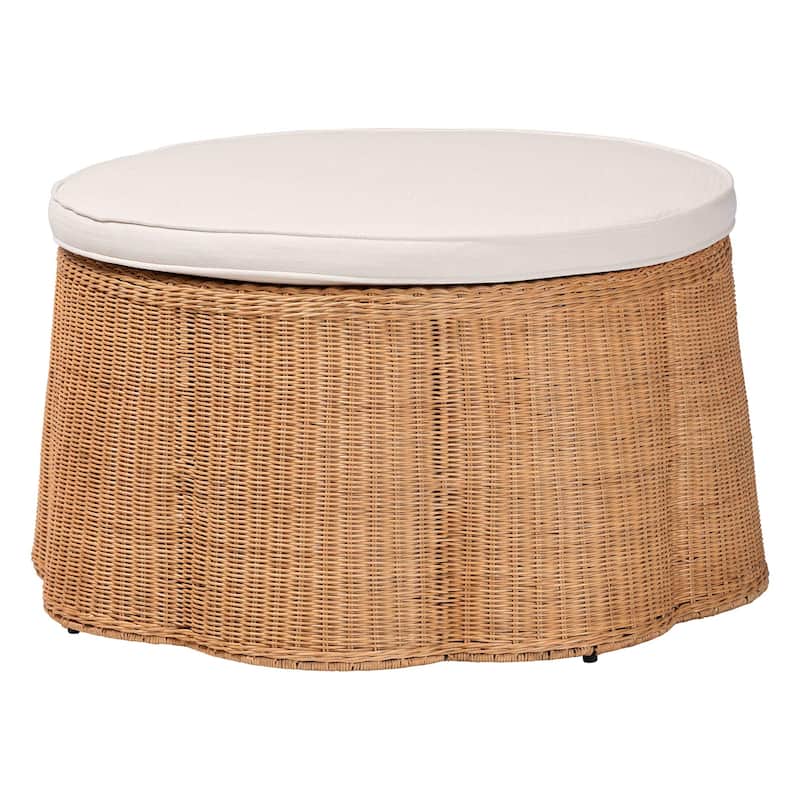 Palm Scallop Natural Rattan Ottoman with Cushion - Handwoven Wicker Stool or Footrest for Living Room or Bedroom, Coastal Boho
