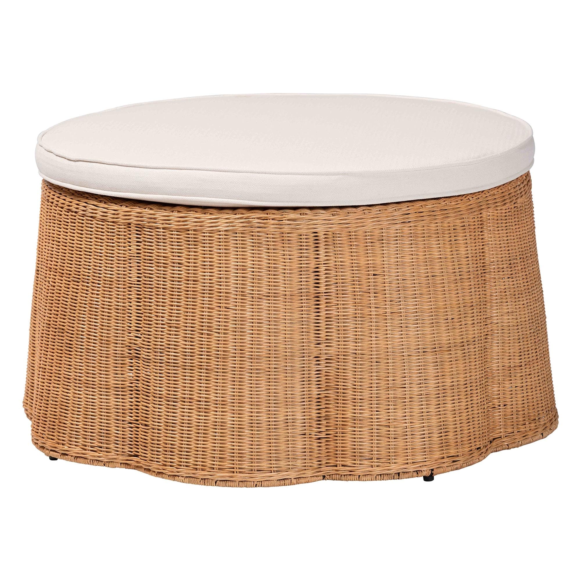 Palm Scallop Natural Rattan Ottoman with Cushion - Handwoven