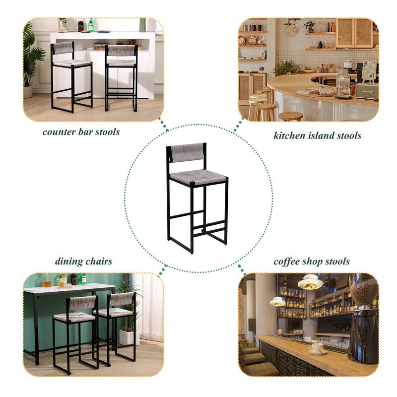 Bar Stools Set of 2 Paper Rope Weave Dining Chairs with Back Hand Weave Stools for Kichen Island, Bar & Counter