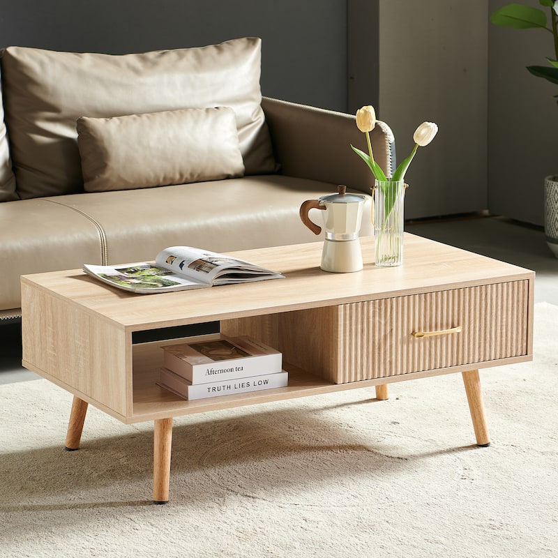 Rectangle Coffee Table with Solid Wood Legs, Sliding Drawer for Storage, Modern Table - Natural