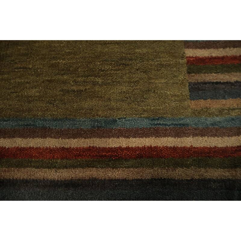 Hand Knotted Oriental 100% Wool Carpet Modern Geometric Green Gabbeh Area Rug - 5' 7'' X 3' 5''