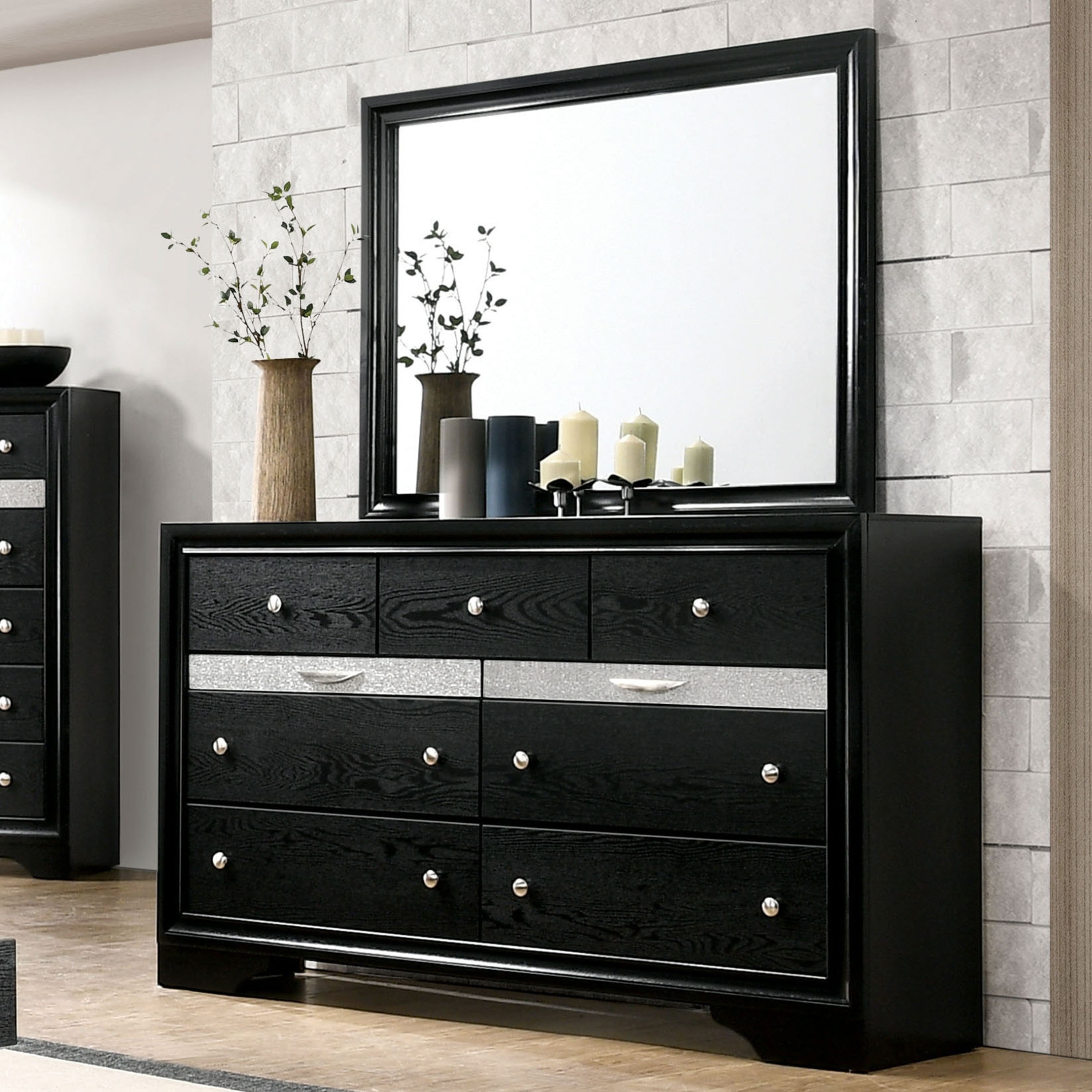 contemporary black dresser Balistrieri 2-piece 9-Drawer and Mirror Set by Furniture of America this contemporary dresser and mirror combo feature a slick black lacquer finish and shiny chrome block feet HomeRoots Black Wood Dresser
