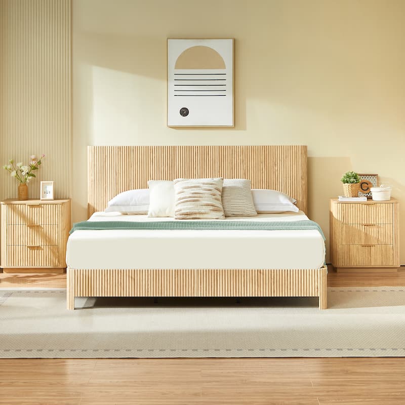 Low Profile Platform Bed, Wooden Corrugated Curved Lines Headboard Wingback Bed, Metal Slat Support Bed Frame