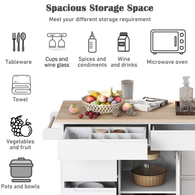 Kitchen Island with 8 Handle-Free Drawers, Rubber Wood Top, Flatware Organizer & 5 Wheels for Storage & Organization