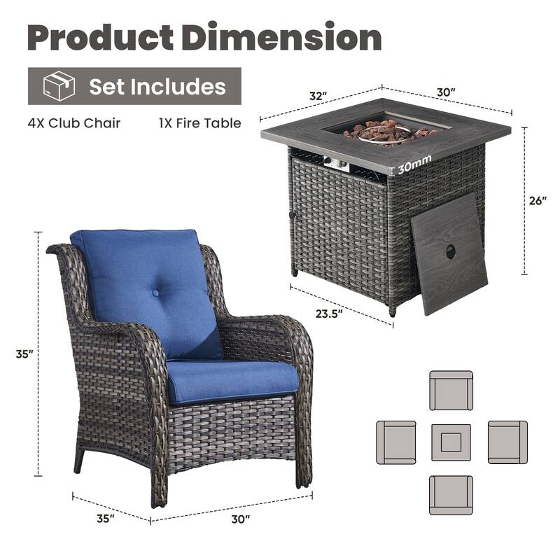 Gymojoy 5-Piece Outdoor Wicker Patio Furniture with Fire Pit Table, Rattan Coversation Set with Water Resistant Thick Cushions