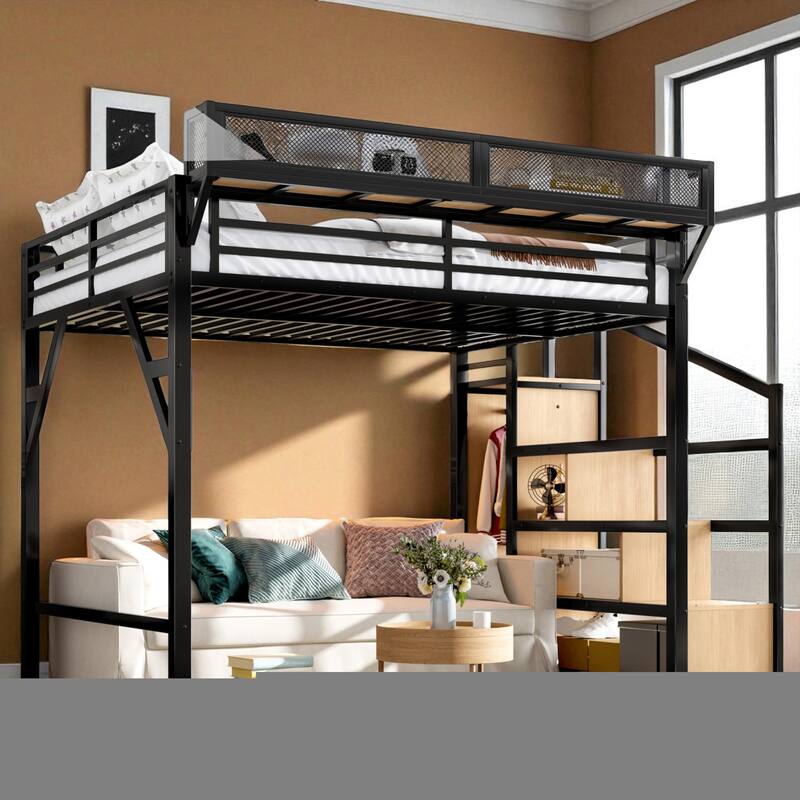 Metal Loft Bed Twin XL/Full/Queen with Storage Stairs, Built-in Wardrobe, USB Ports and LED Lights