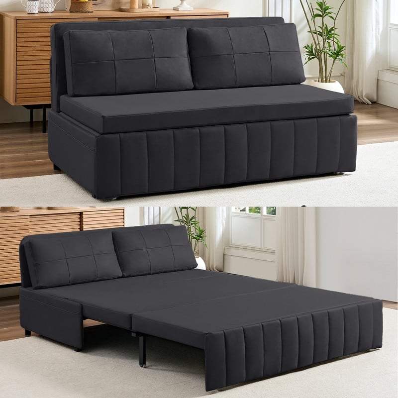 Mixoy Modern 62''Pull Out Sofa Bed,3-in-1 Pull Out Leathaire Fabric Sleeper Sofa Couch,Chaise Lounge,living room furniture - 60.83"W×80.91''L×33.46''H - DARK GREY