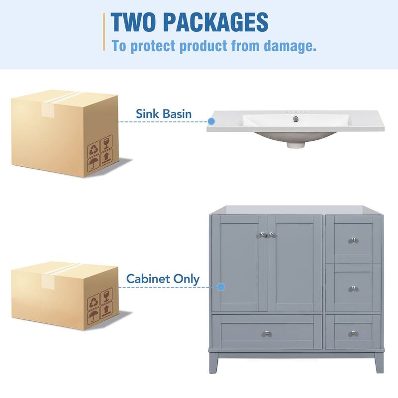 36" Modern Bathroom Vanity with USB Charging, 2Doors and 3Drawers Storage Vanity Cabinet, single sink, Faucets Not Included