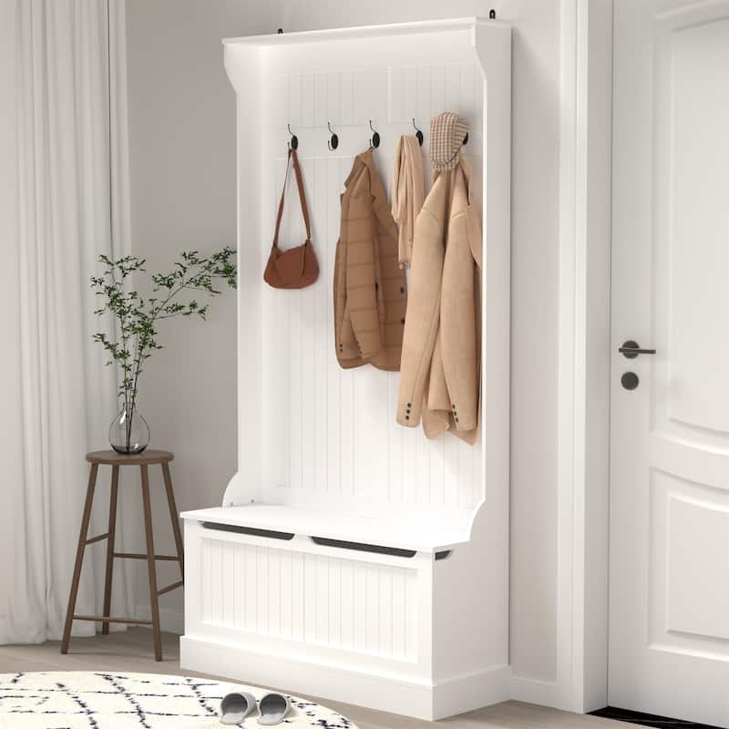 Wood Standing Coat Rack with Shoe Storage Bench and 5 Hook