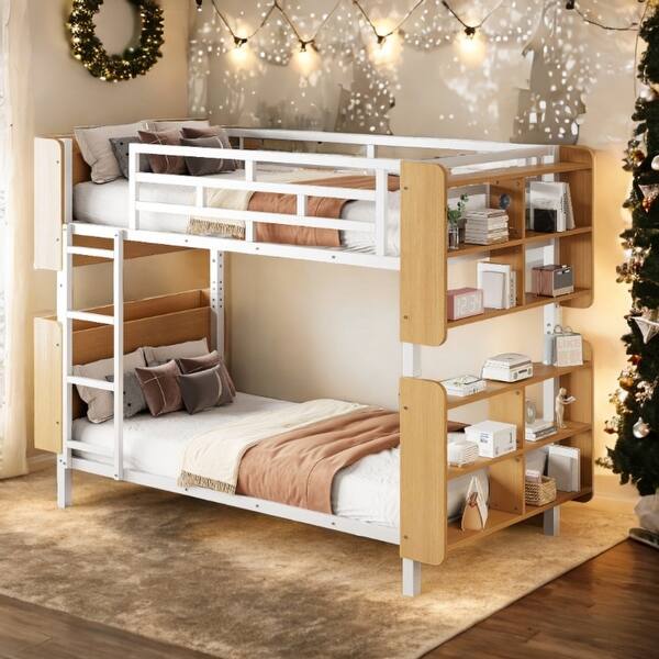 slide 2 of 28, Modern Twin Size Metal Bunk Bed ,Storage Platform Beds with Ladder and Shelves White
