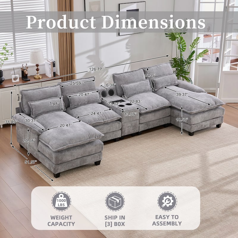 6-seat Chenille Upholstered Modern U-shaped Sectional Multifunctional Sofa with 2 Cup Holders,Pull-out Storage Space
