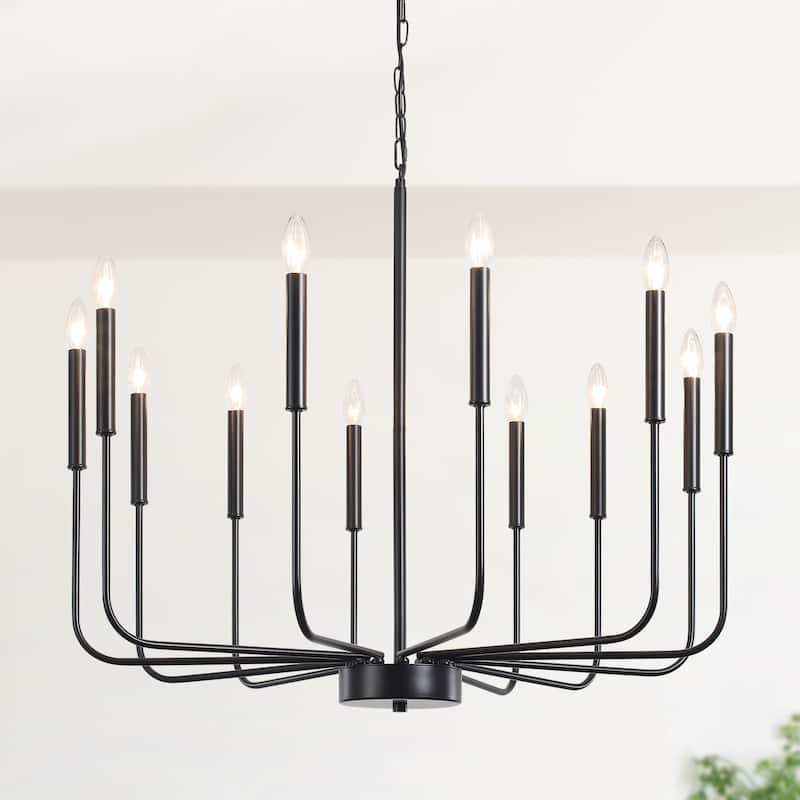 12-Light Rustic Candle Chandelier for Dining Room Living Room - W32.08" x H70.07" - N/A - Black