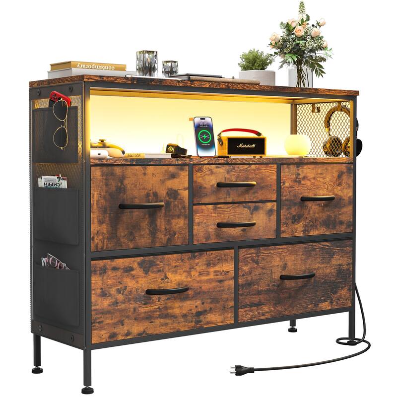Dresser for Bedroom TV Stand with Power Outlets and LED Light, 6 Dresser with Shelves for 45" TV, PU Finish