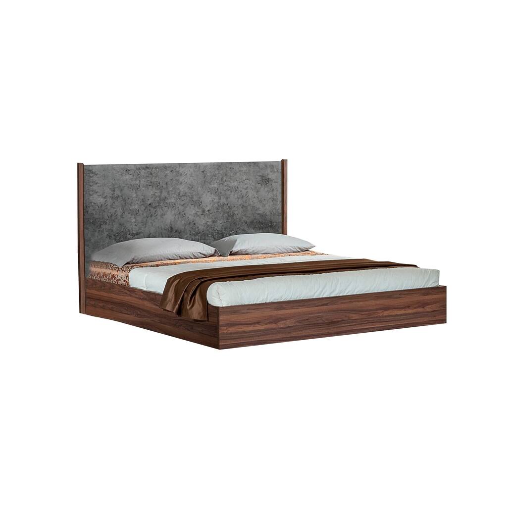 Xico King Size Platform Bed, Panel Design Headboard, Concrete Gray, Brown