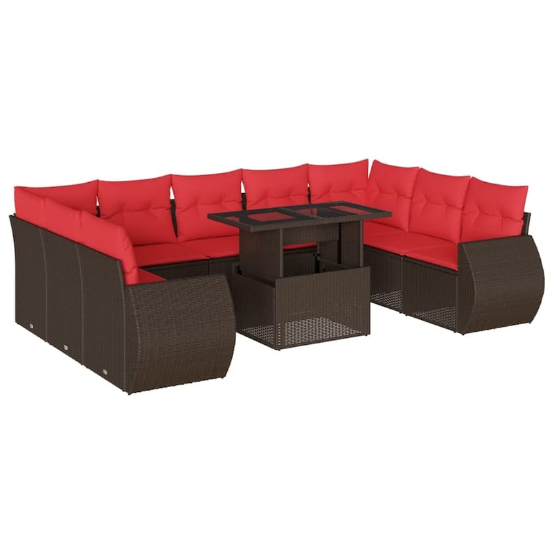 vidaXL 10 Piece Patio Sofa Set with Cushions Black/Brown/Gray Poly Rattan