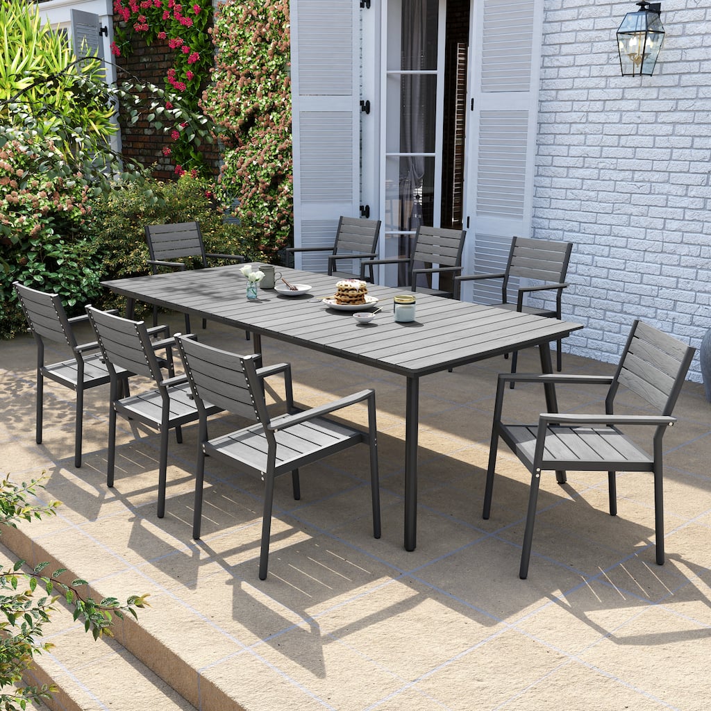 Outdoor Aluminum Rectangle 9-piece Patio Dining Set with Umbrella Hole and Chairs