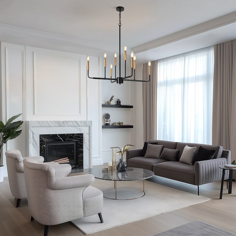 Modern 8-Light Black Gold Chandelier Classic Candle Lights for Dining Room - D 30.7" x H 90" Max