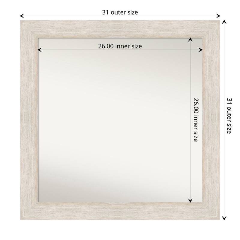 Non-Beveled Wood Bathroom Wall Mirror - Hardwood Whitewash Frame - 31 x 31 in - Hardwood Whitewash