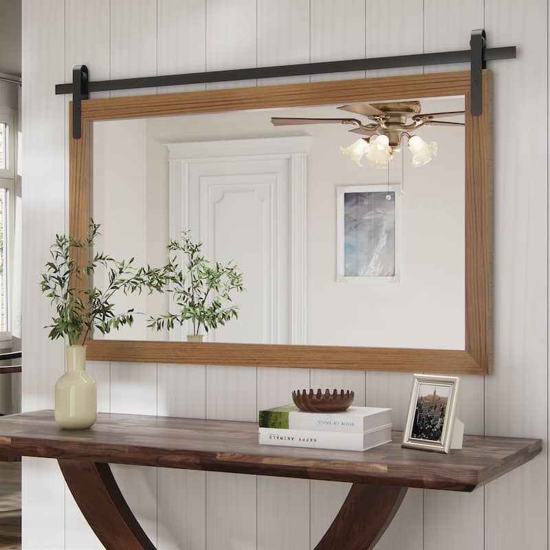 Farmhouse Rectangular Wood Frame Wall Mirror, Rustic Barn Door Bathroom Vanity Mirror