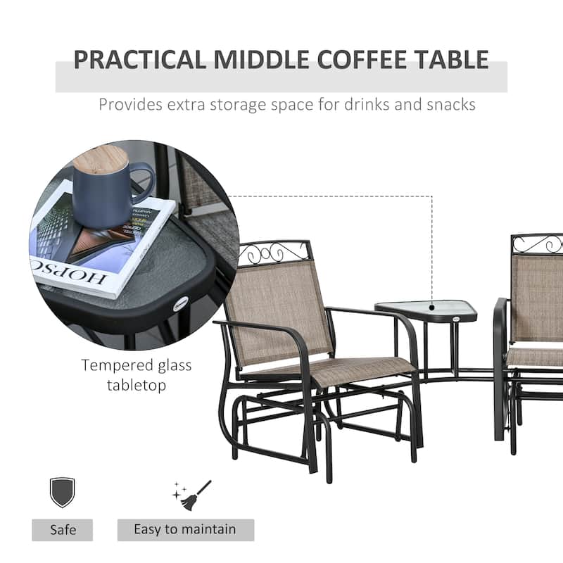 Outdoor Glider Chairs with Coffee Table, Patio 2-Seat Rocking Chair Swing with Breathable Sling for Backyard, Garden, Porch